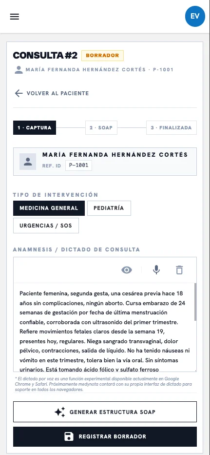 Pantalla de captura: dictado clínico de control prenatal en lenguaje natural
